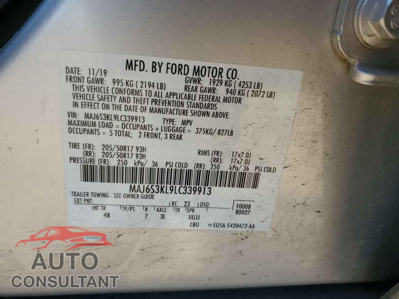 FORD ECOSPORT 2020 - MAJ6S3KL9LC339913