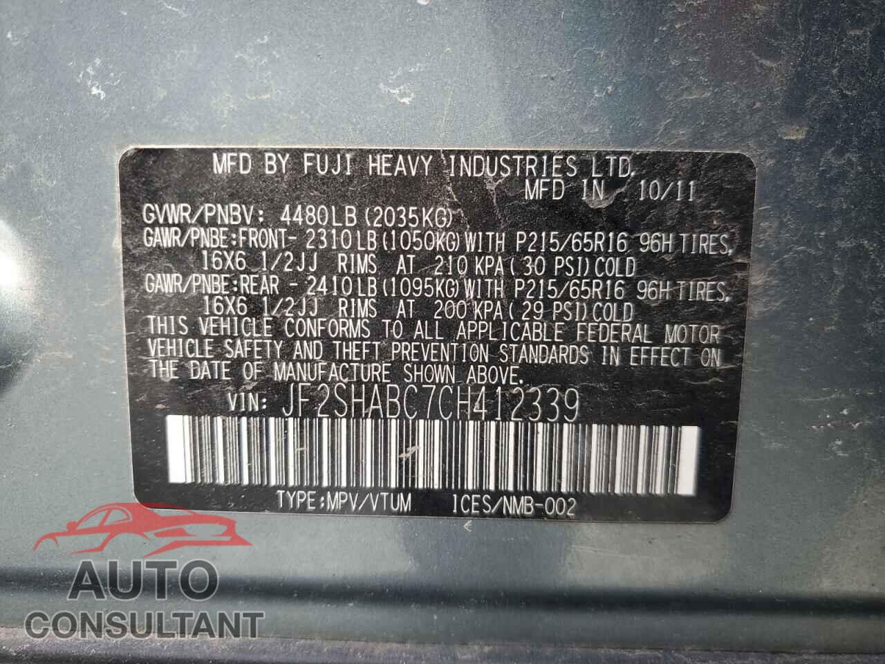 SUBARU FORESTER 2012 - JF2SHABC7CH412339