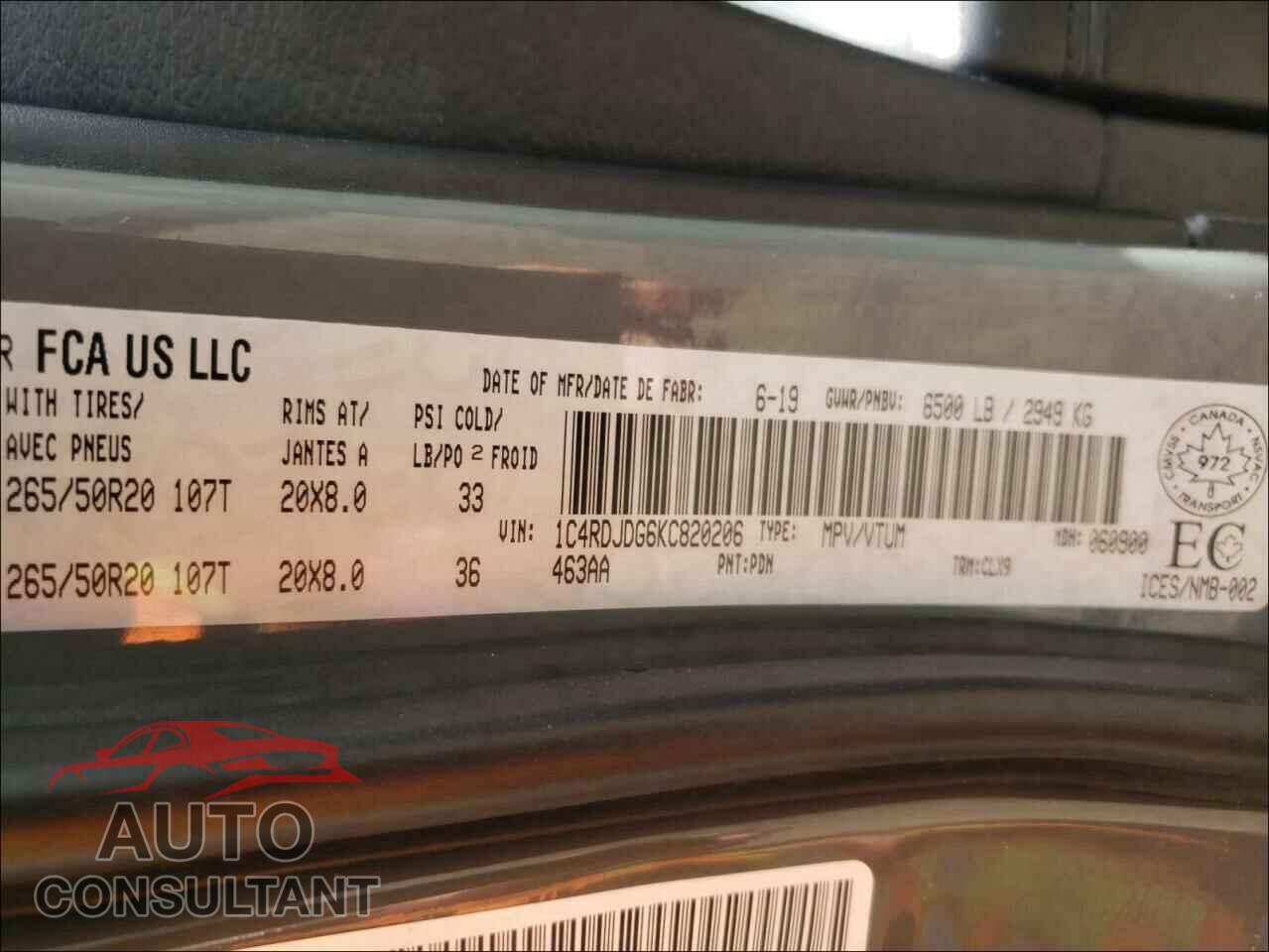 DODGE DURANGO 2019 - 1C4RDJDG6KC820206