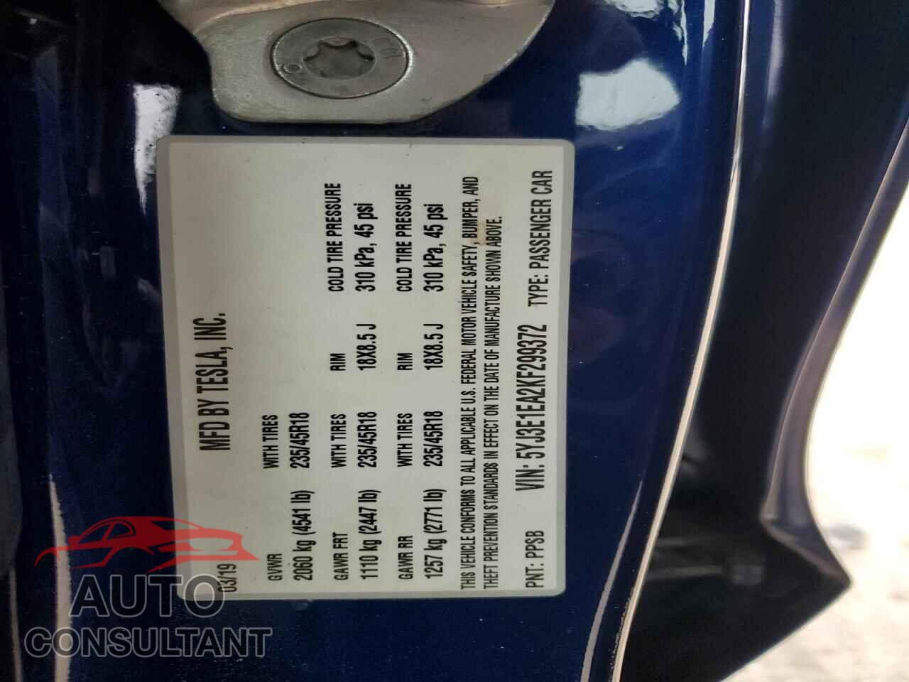 TESLA MODEL 3 2019 - 5YJ3E1EA2KF299372
