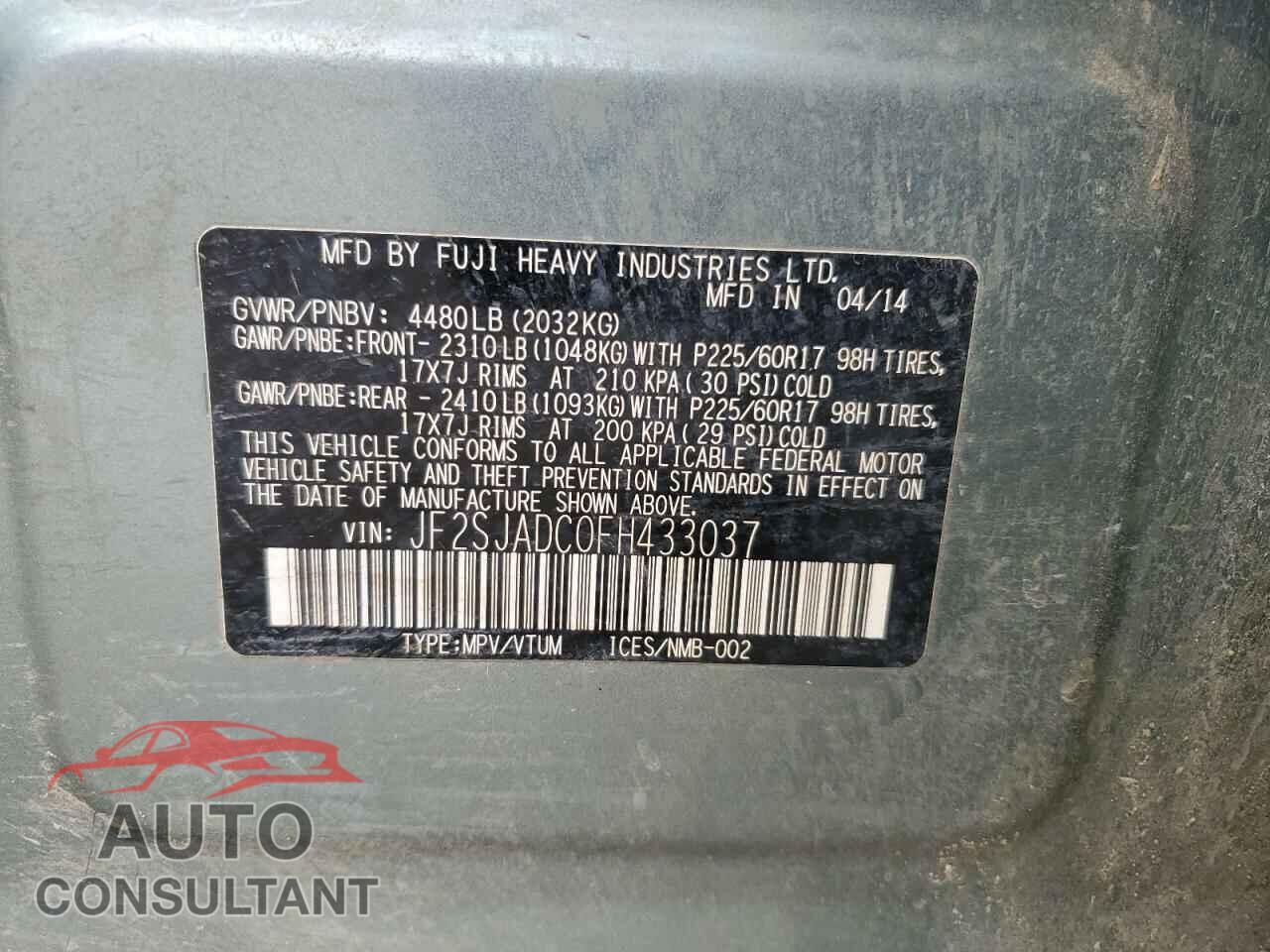 SUBARU FORESTER 2015 - JF2SJADC0FH433037
