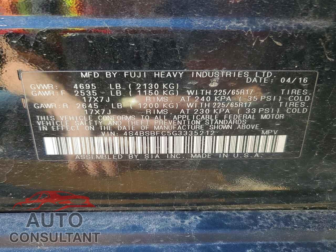 SUBARU OUTBACK 2016 - 4S4BSBFC5G3335212