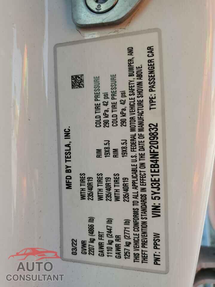 TESLA MODEL 3 2022 - 5YJ3E1EB4NF209832