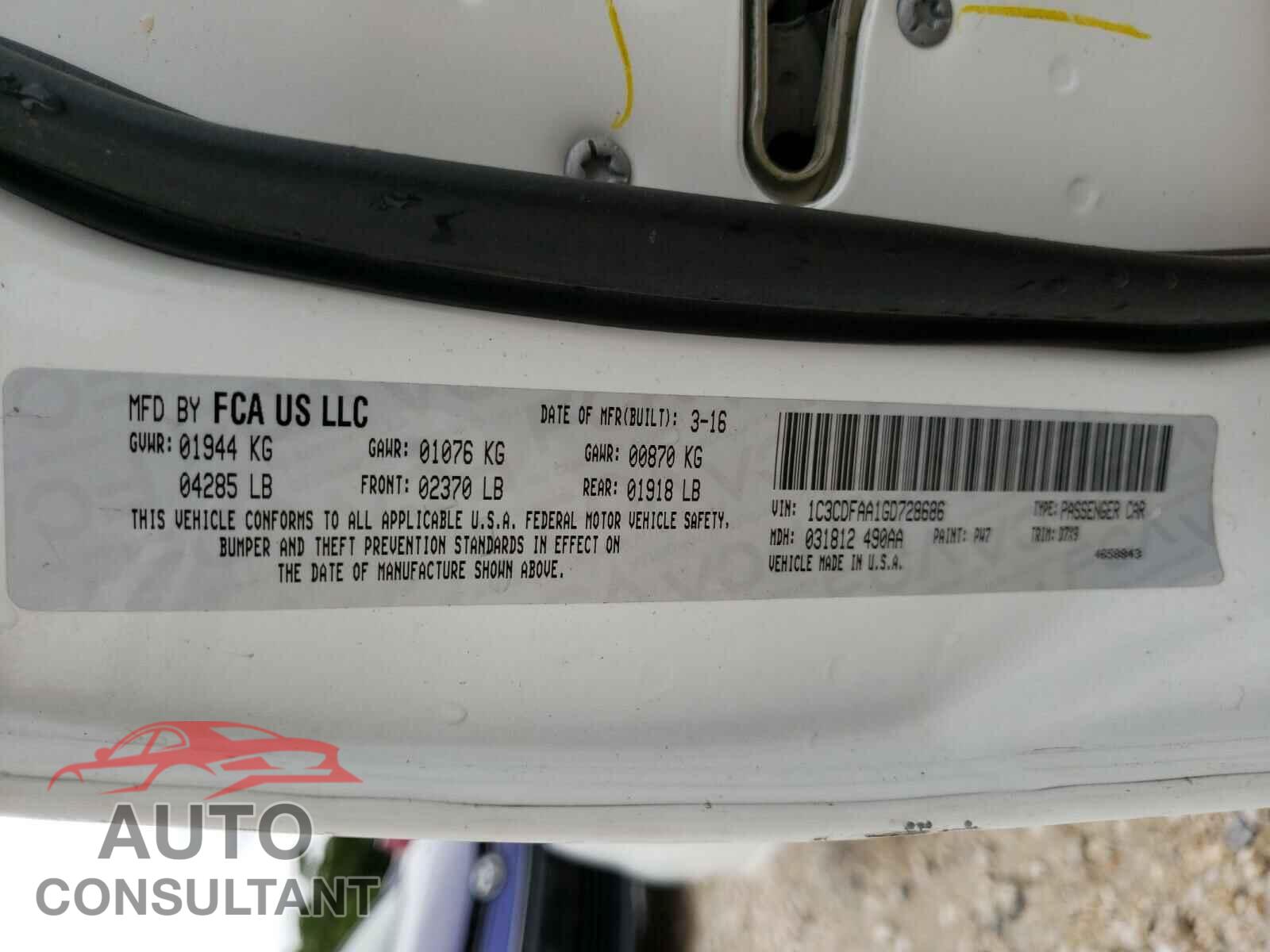DODGE DART 2016 - 1C3CDFAA1GD728686