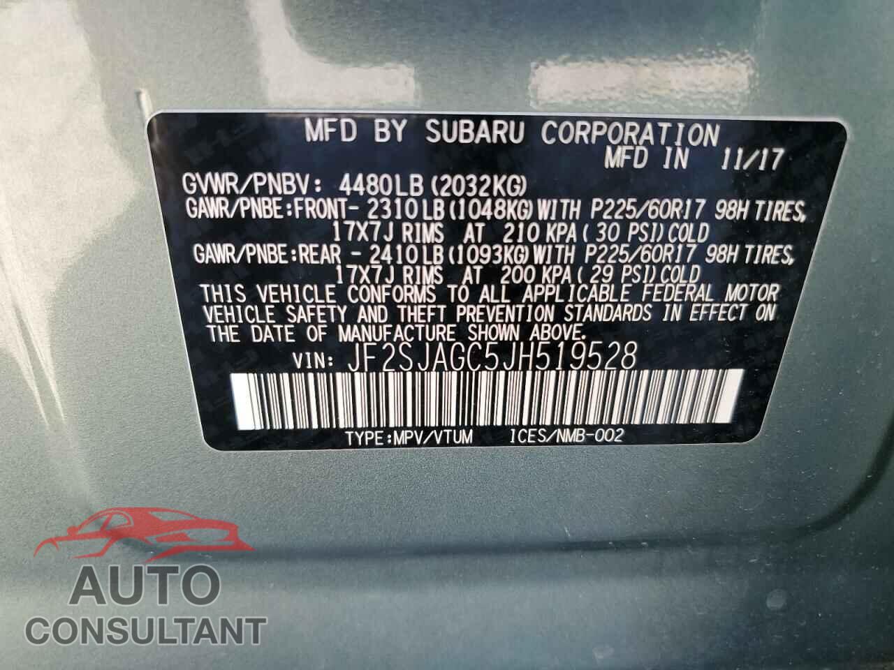 SUBARU FORESTER 2018 - JF2SJAGC5JH519528