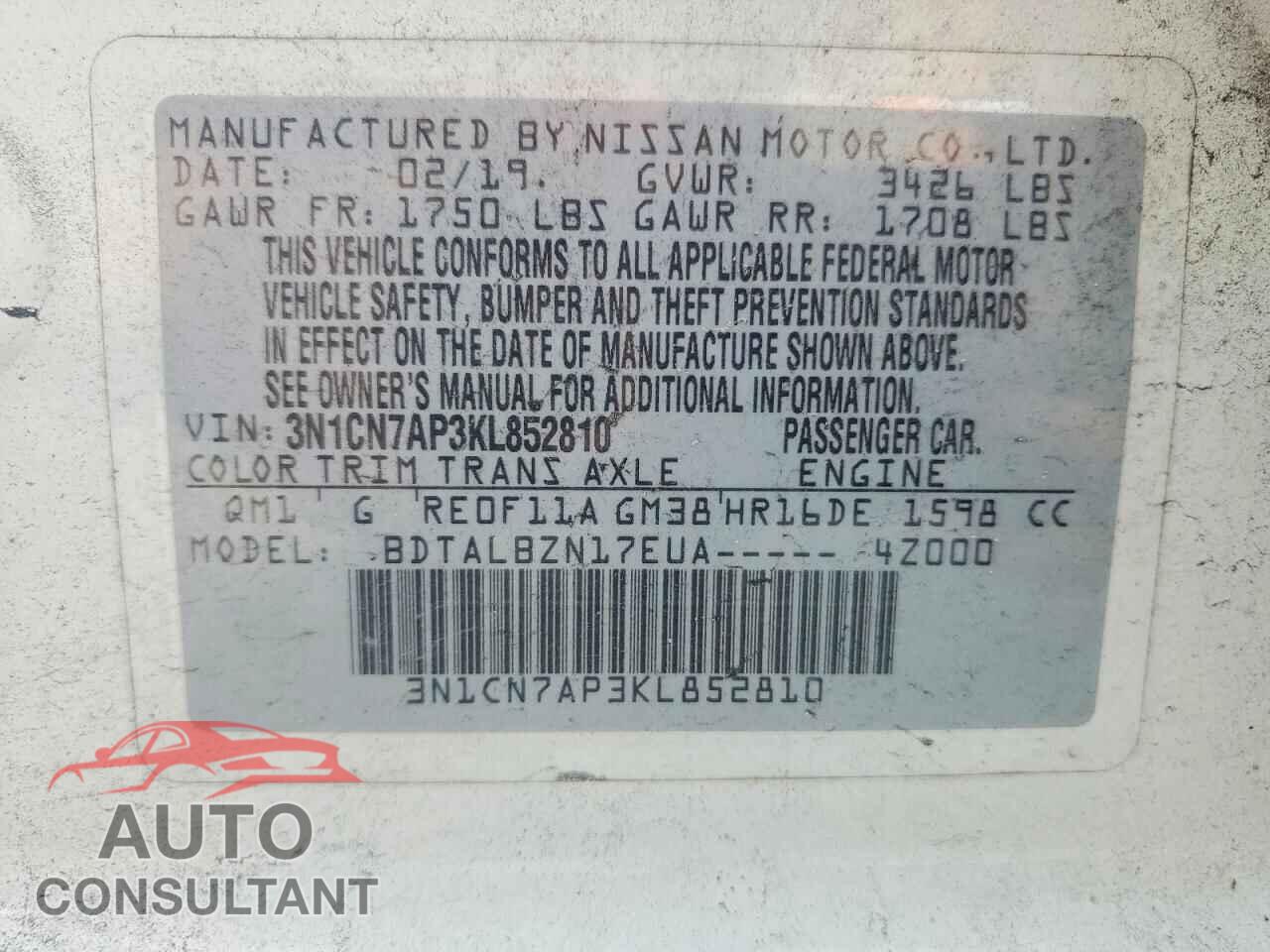 NISSAN VERSA 2019 - 3N1CN7AP3KL852810