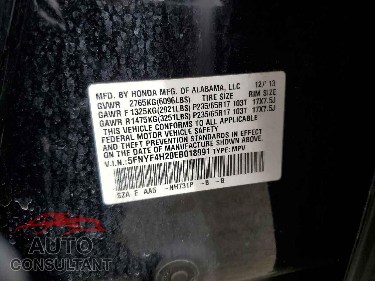 HONDA PILOT 2014 - 5FNYF4H20EB018991