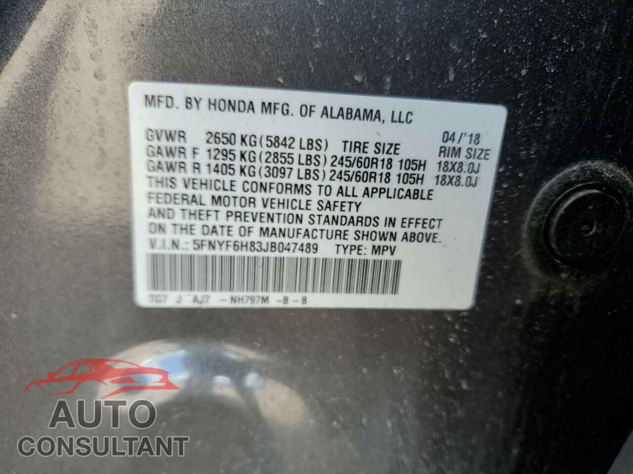 HONDA PILOT 2018 - 5FNYF6H83JB047489