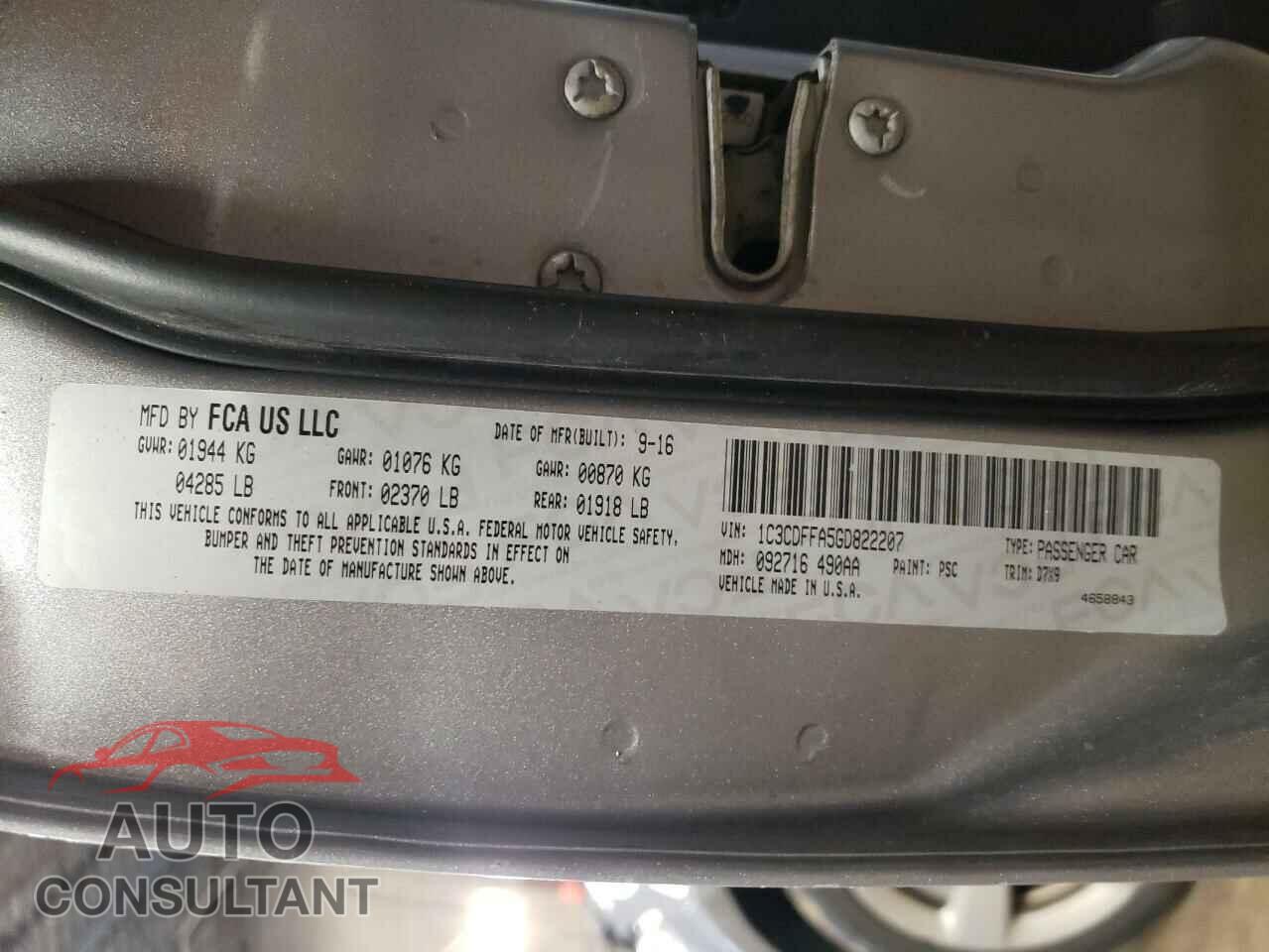 DODGE DART 2016 - 1C3CDFFA5GD822207