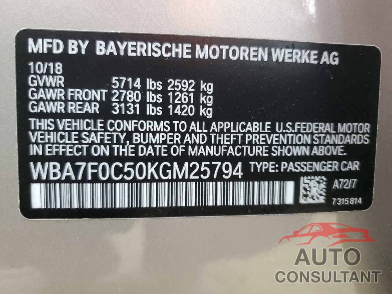 BMW 7 SERIES 2019 - WBA7F0C50KGM25794