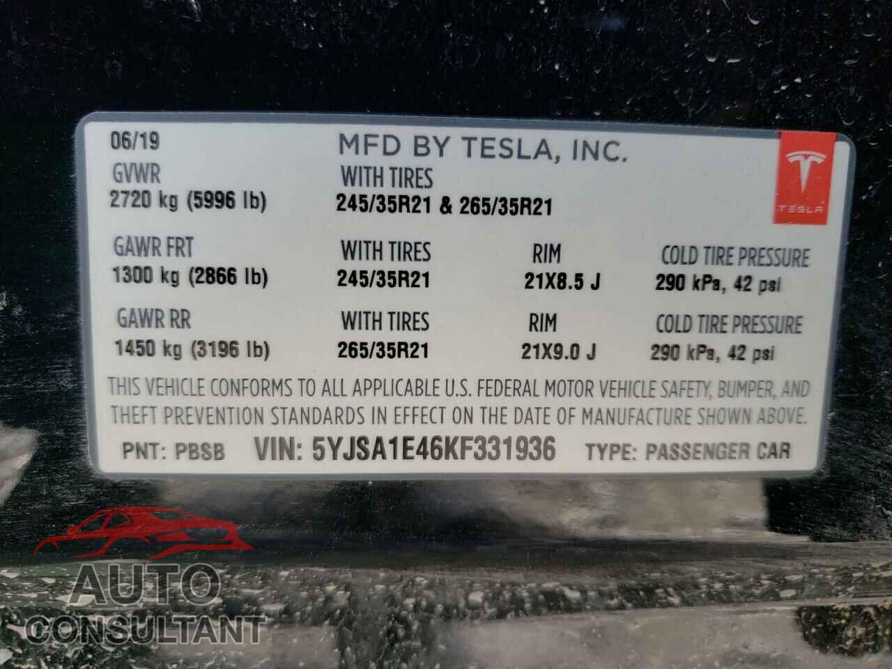 TESLA MODEL S 2019 - 5YJSA1E46KF331936