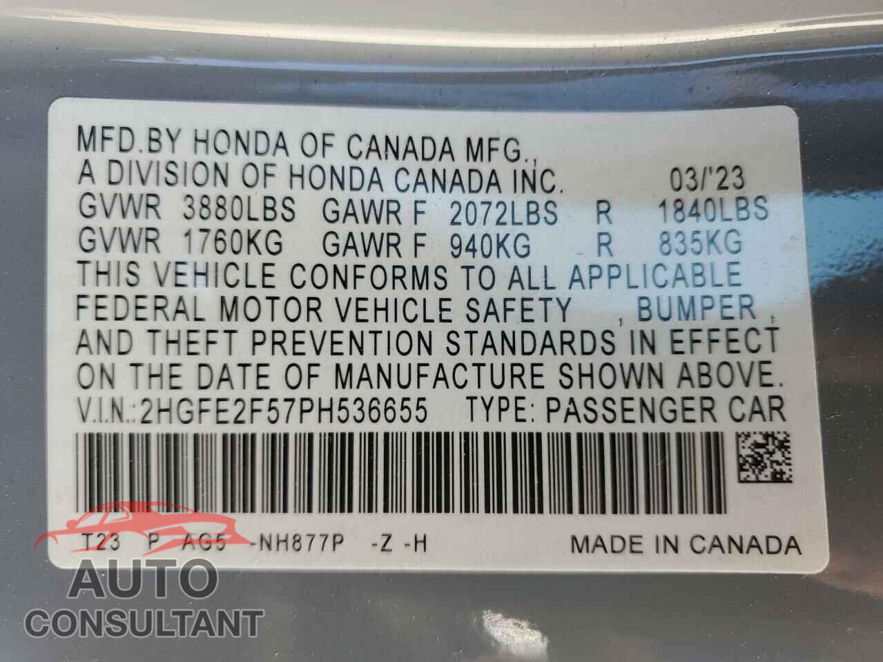HONDA CIVIC 2023 - 2HGFE2F57PH536655