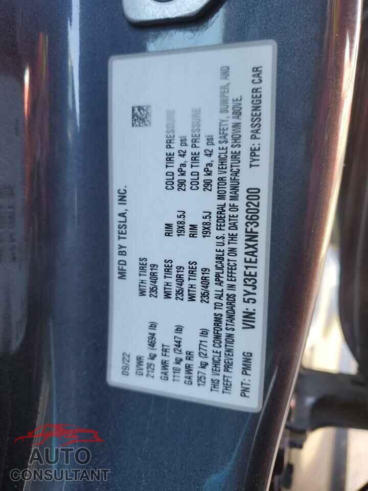 TESLA MODEL 3 2022 - 5YJ3E1EAXNF360200