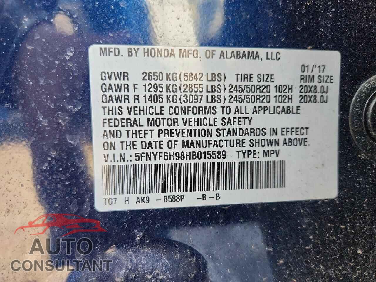 HONDA PILOT 2017 - 5FNYF6H98HB015589