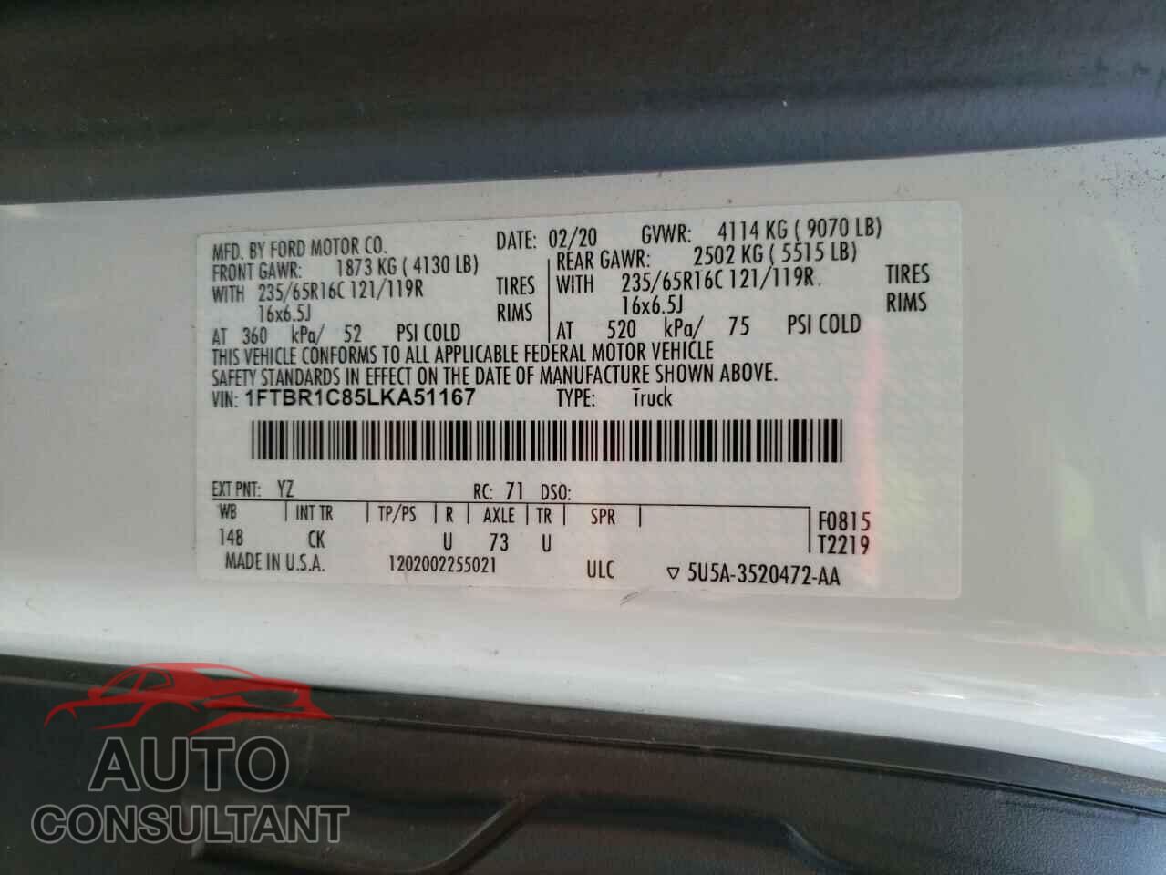 FORD TRANSIT CO 2020 - 1FTBR1C85LKA51167