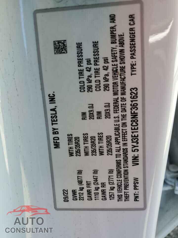 TESLA MODEL 3 2022 - 5YJ3E1EC8NF361623