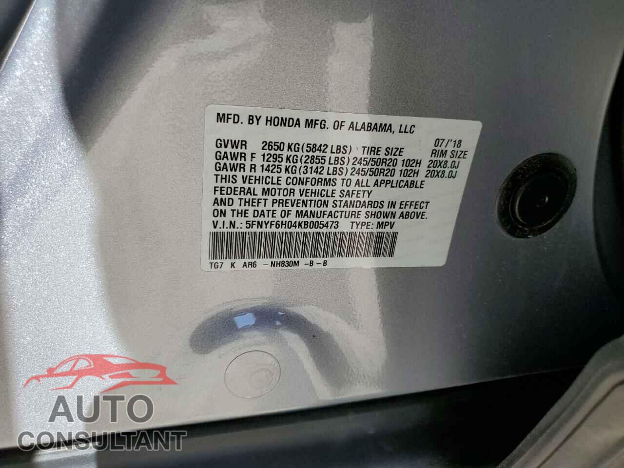 HONDA PILOT 2019 - 5FNYF6H04KB005473