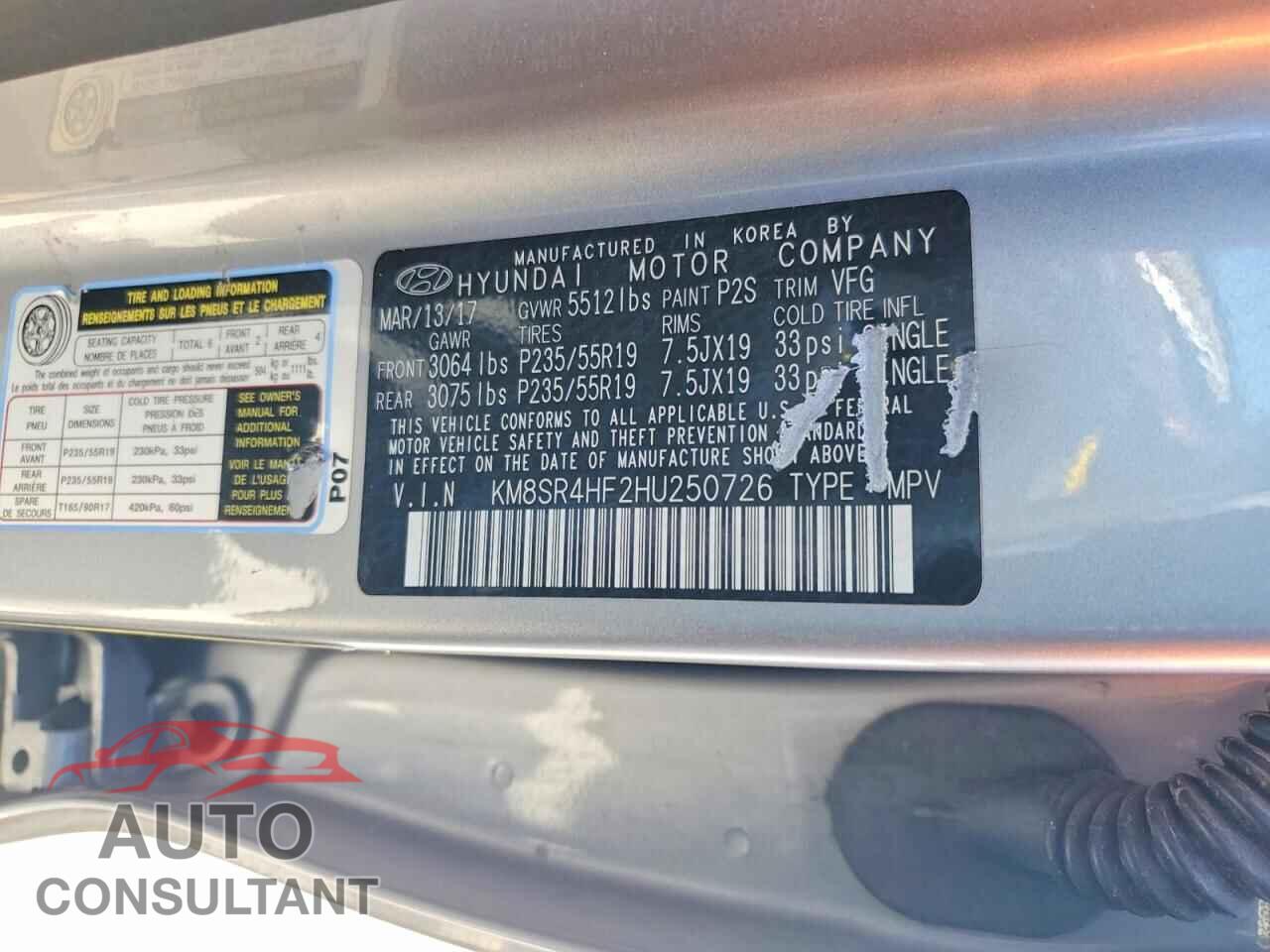 HYUNDAI SANTA FE 2017 - KM8SR4HF2HU250726