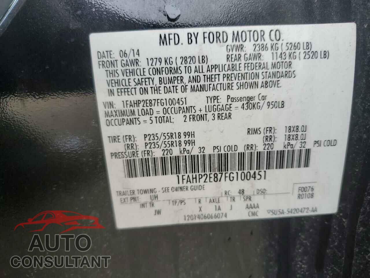 FORD TAURUS 2015 - 1FAHP2E87FG100451