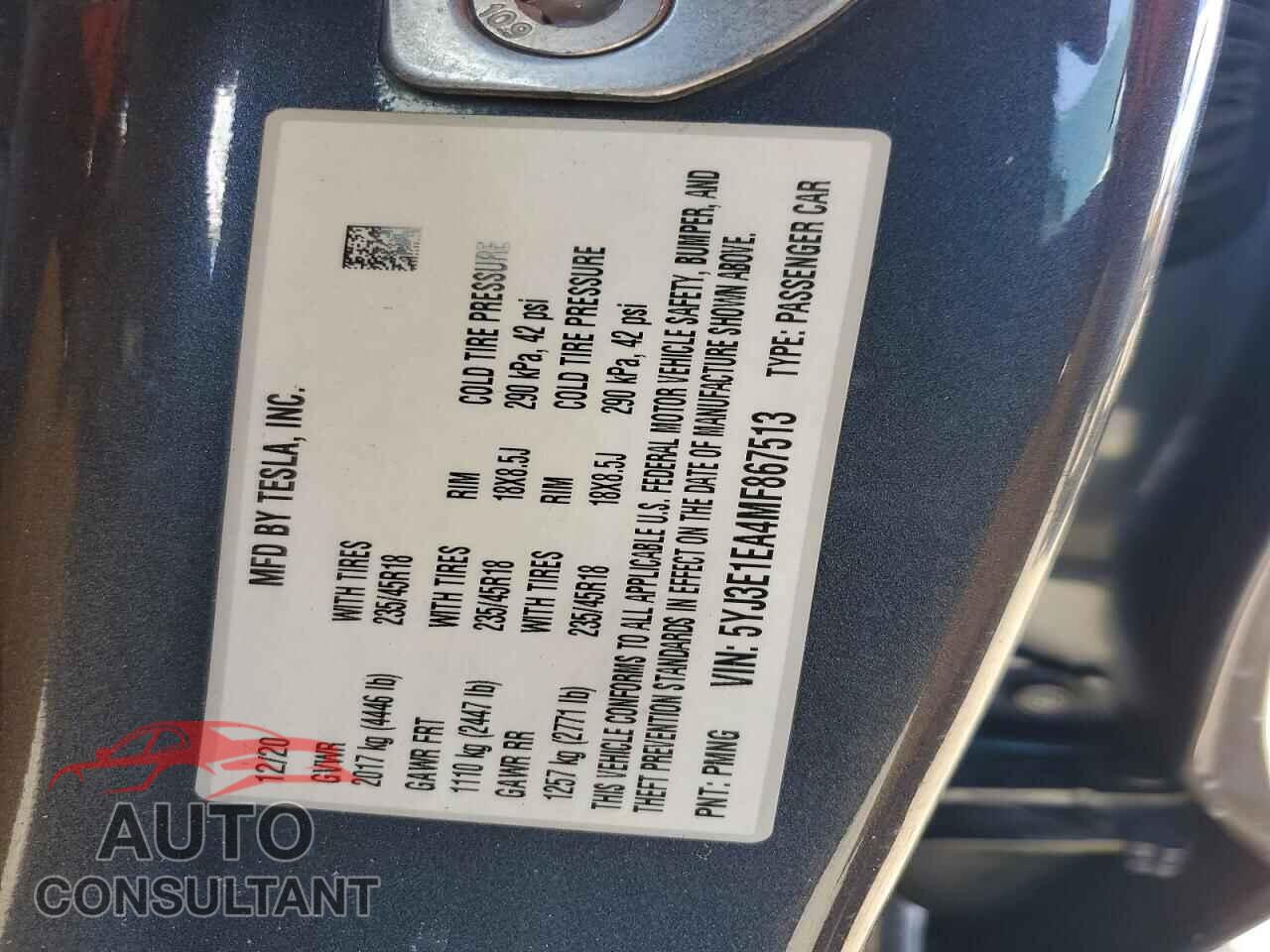 TESLA MODEL 3 2021 - 5YJ3E1EA4MF867513