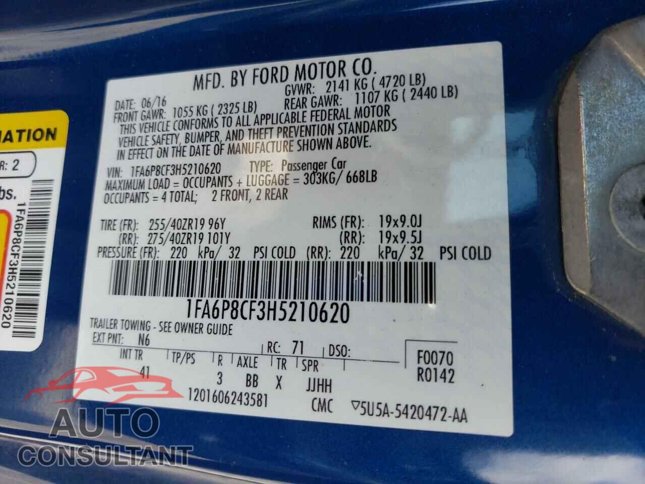 FORD MUSTANG 2017 - 1FA6P8CF3H5210620
