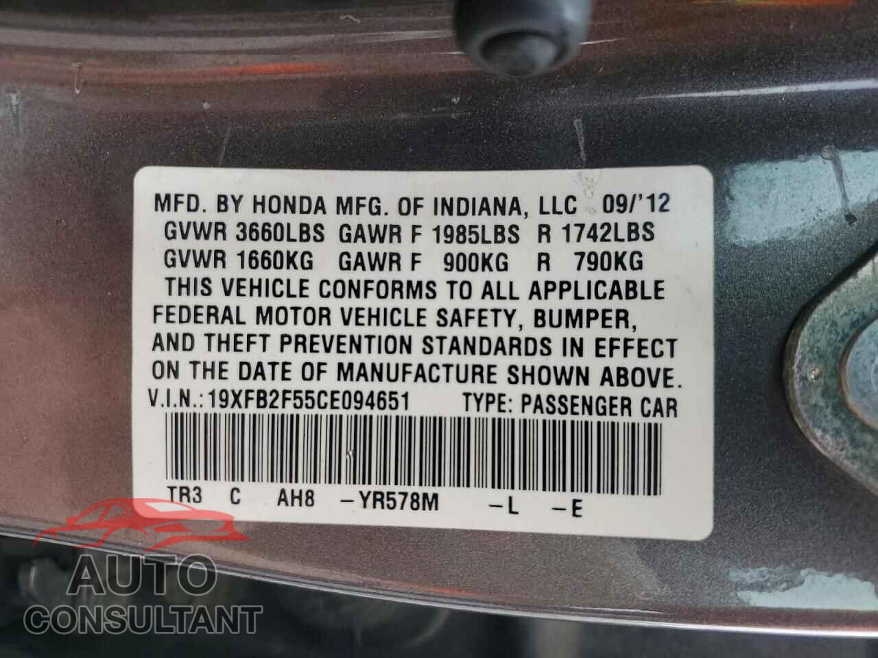 HONDA CIVIC 2012 - 19XFB2F55CE094651