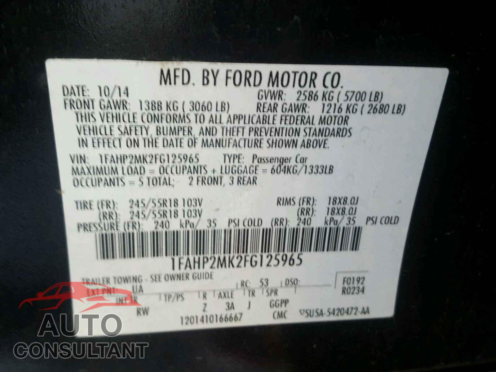FORD TAURUS 2015 - 1FAHP2MK2FG125965