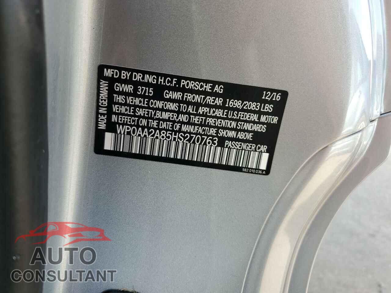 PORSCHE CAYMAN 2017 - WP0AA2A85HS270763