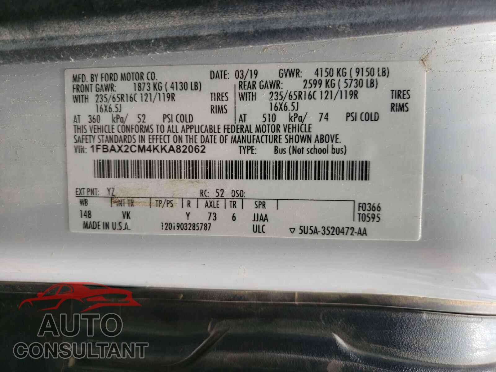 FORD TRANSIT CO 2019 - 1FBAX2CM4KKA82062