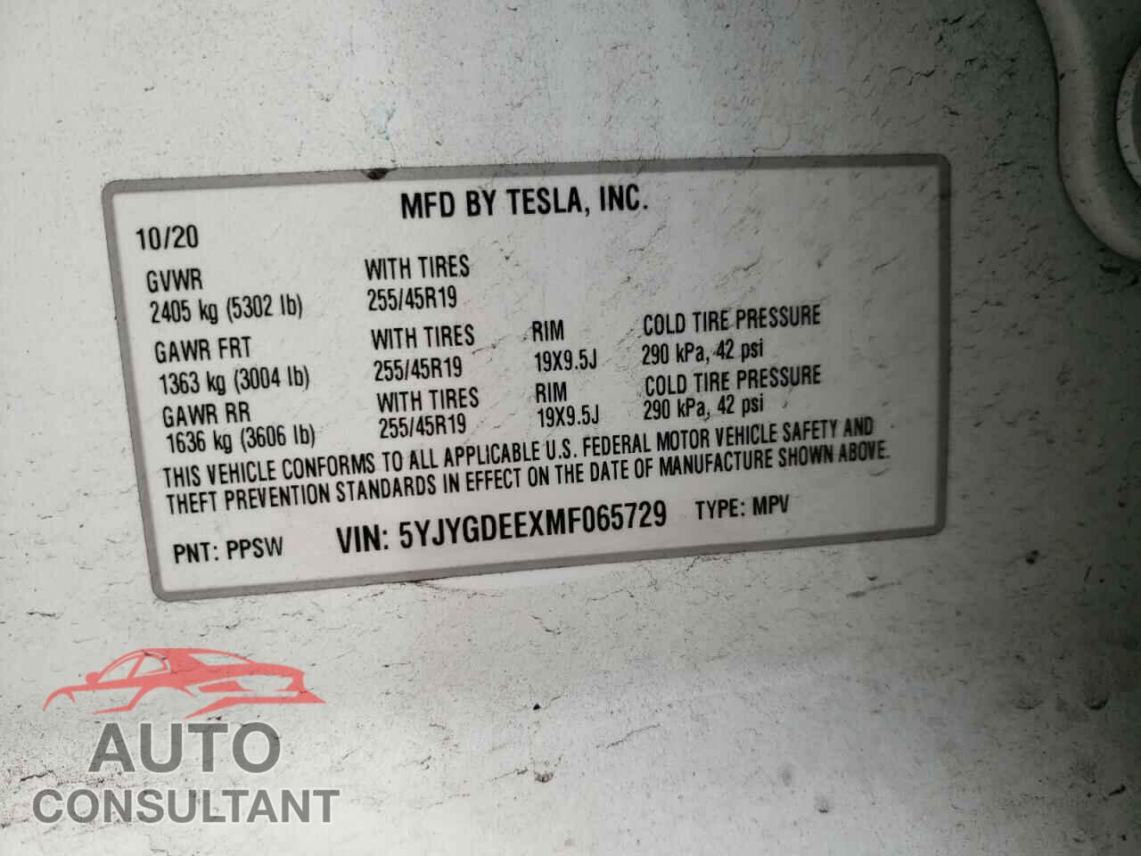 TESLA MODEL Y 2021 - 5YJYGDEEXMF065729