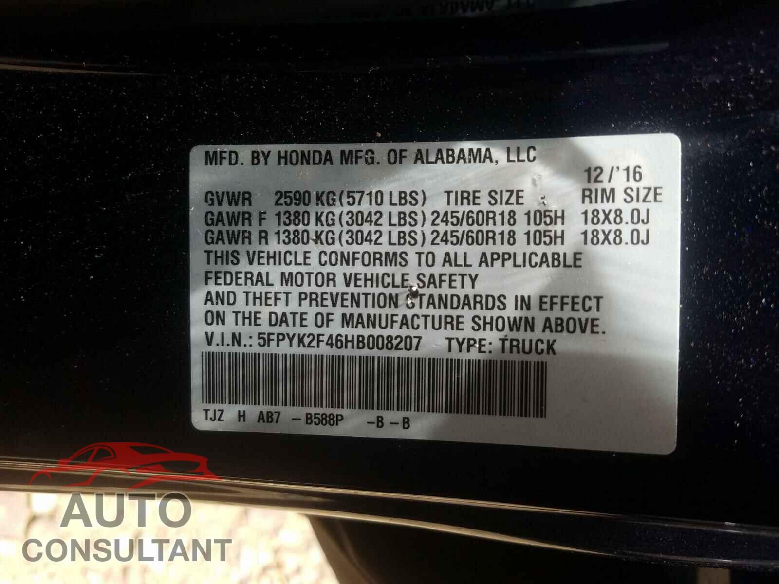 HONDA RIDGELINE 2017 - 5FPYK2F46HB008207