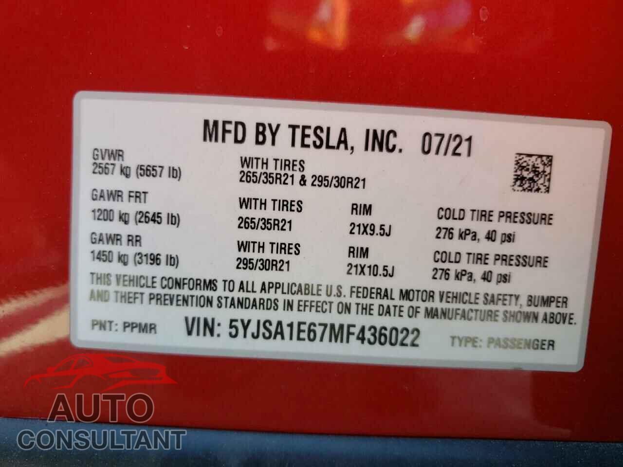 TESLA MODEL S 2021 - 5YJSA1E67MF436022