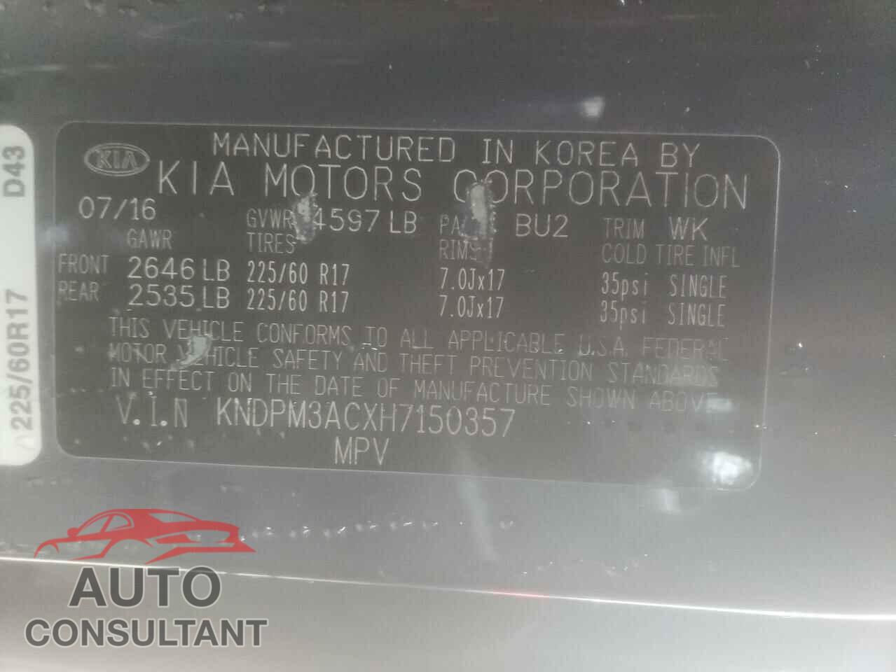 KIA SPORTAGE 2017 - KNDPM3ACXH7150357
