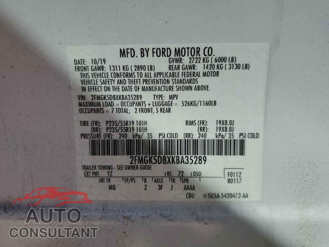 FORD FLEX 2019 - 2FMGK5D8XKBA35289