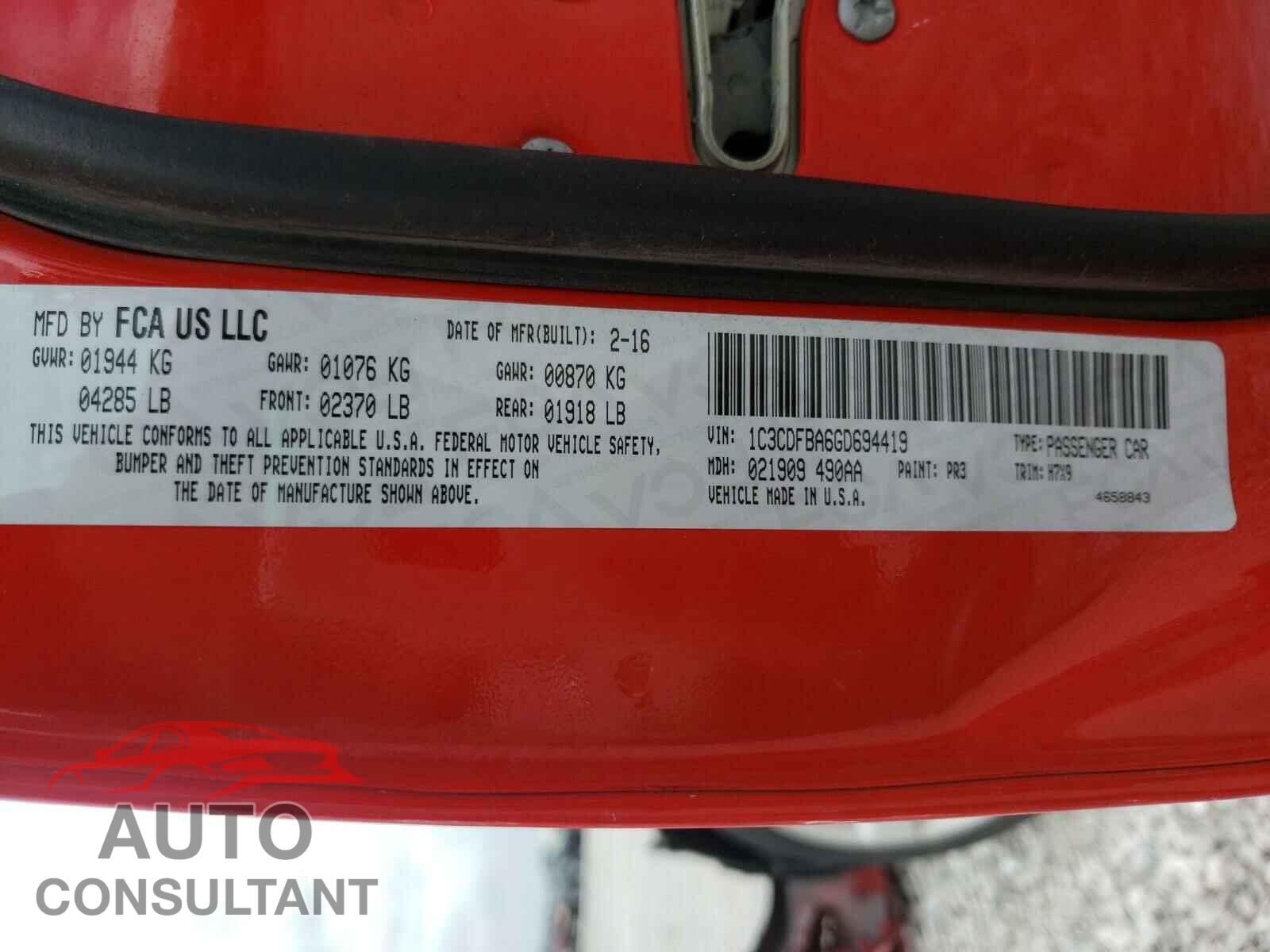 DODGE DART 2016 - 1C3CDFBA6GD694419