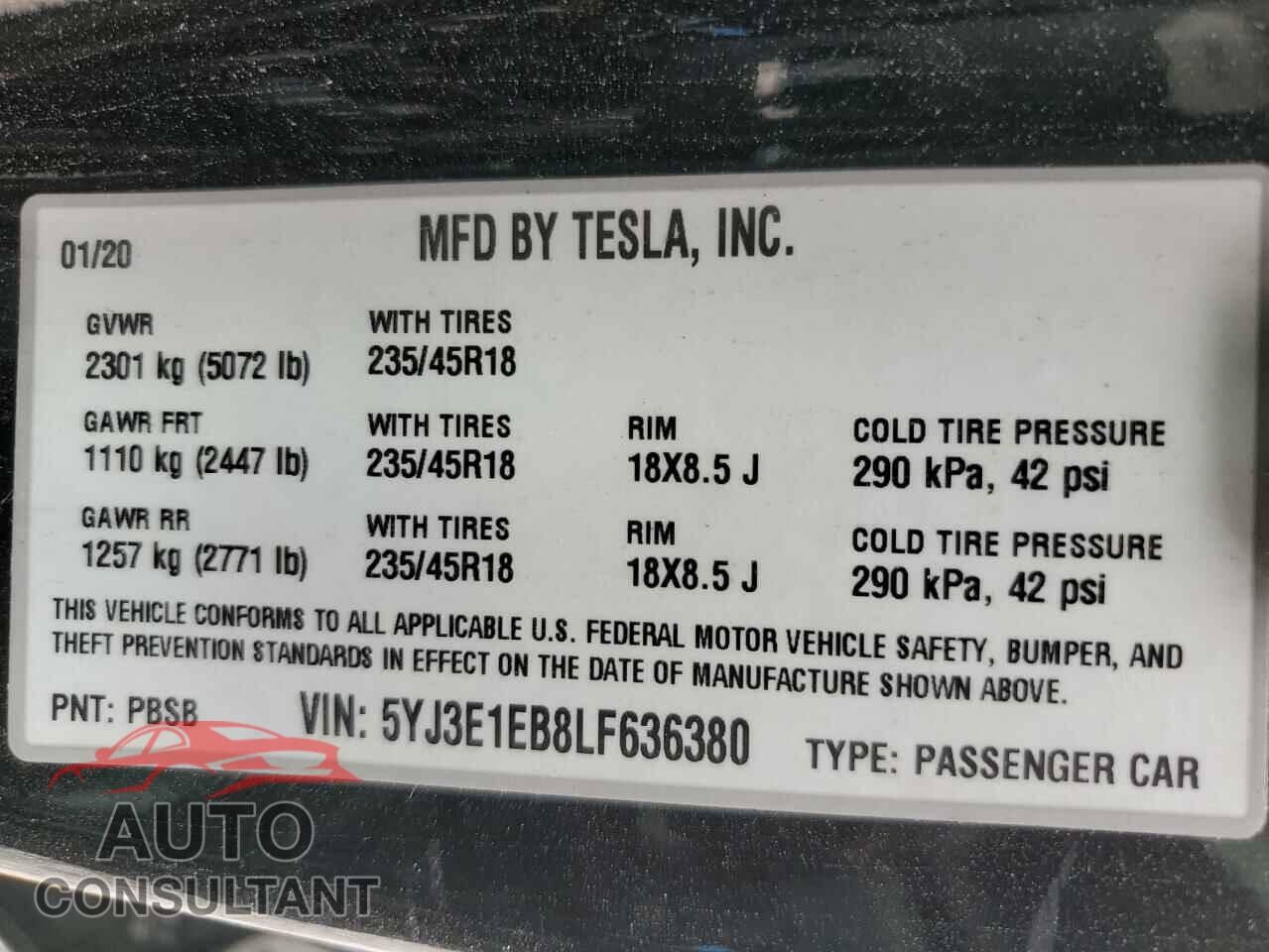 TESLA MODEL 3 2020 - 5YJ3E1EB8LF636380