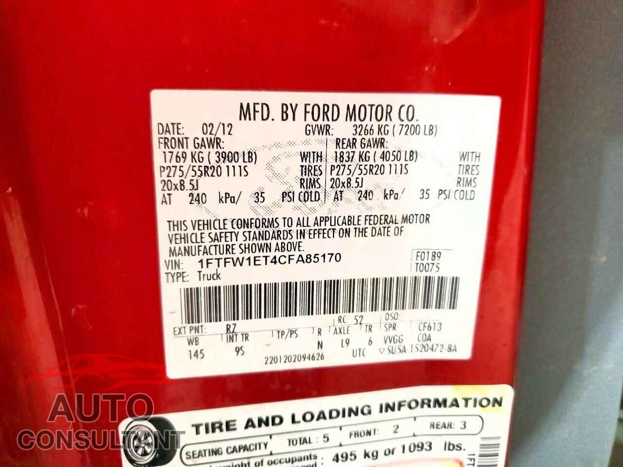 FORD F150 2012 - 1FTFW1ET4CFA85170