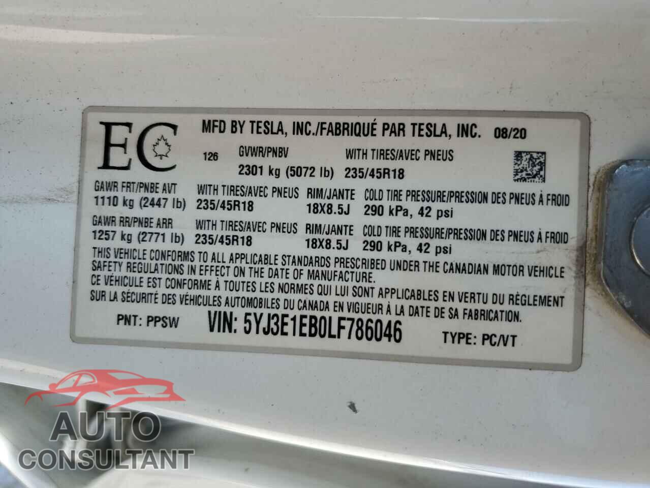 TESLA MODEL 3 2020 - 5YJ3E1EB0LF786046