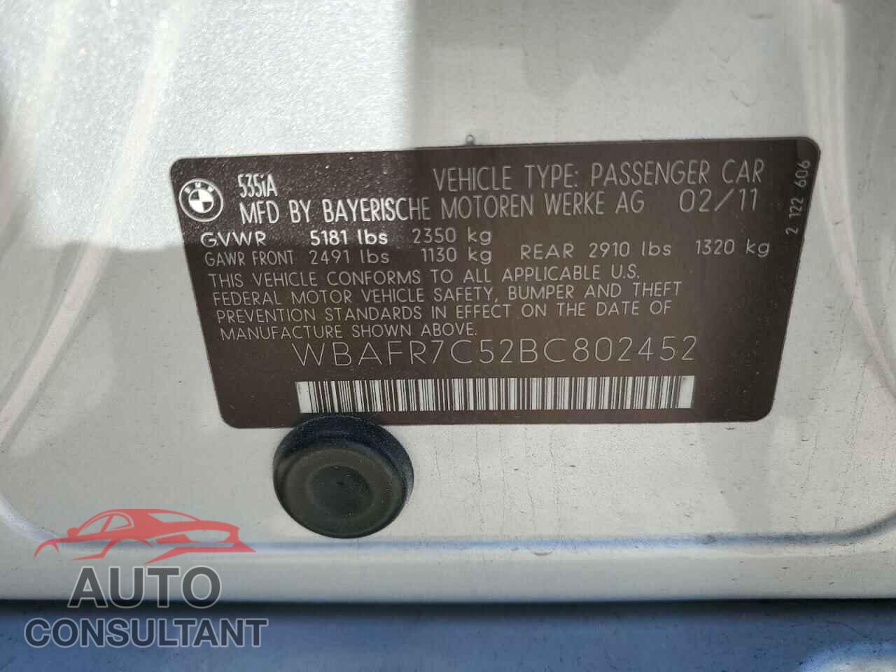BMW 5 SERIES 2011 - WBAFR7C52BC802452