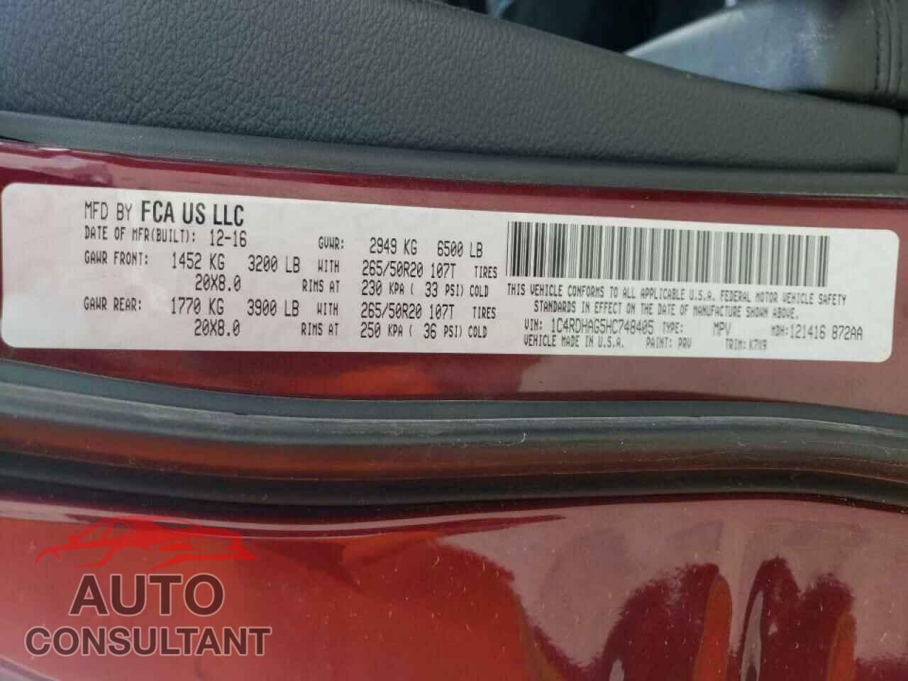 DODGE DURANGO 2017 - 1C4RDHAG5HC748405