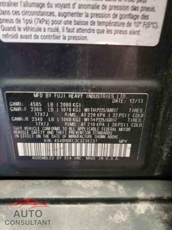SUBARU OUTBACK 2012 - 4S4BRBKC3C3236237