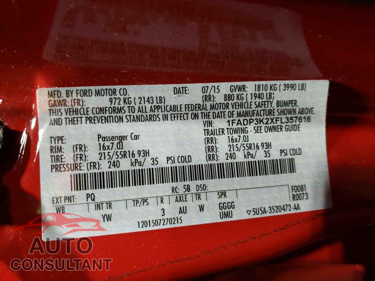FORD FOCUS 2015 - 1FADP3K2XFL357616