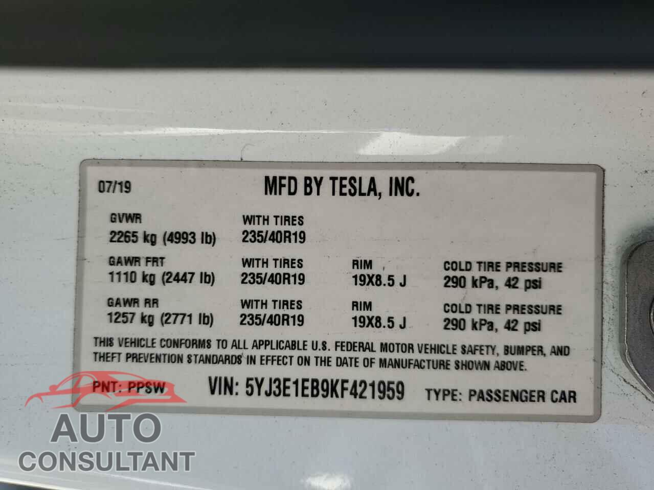 TESLA MODEL 3 2019 - 5YJ3E1EB9KF421959