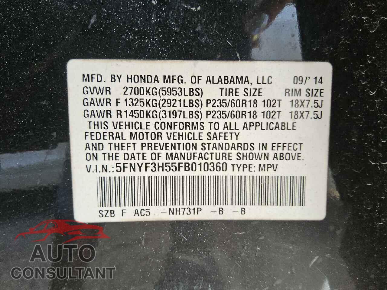 HONDA PILOT 2015 - 5FNYF3H55FB010360