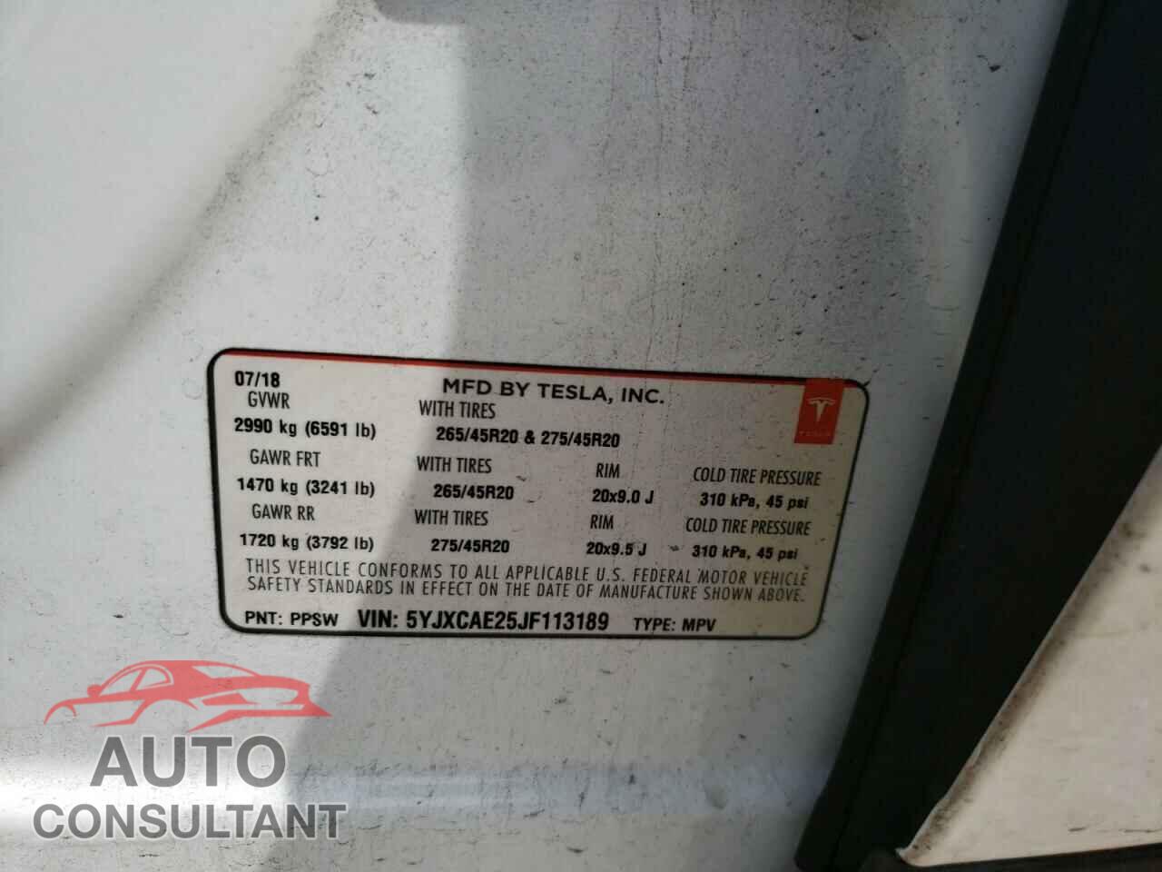 TESLA MODEL X 2018 - 5YJXCAE25JF113189