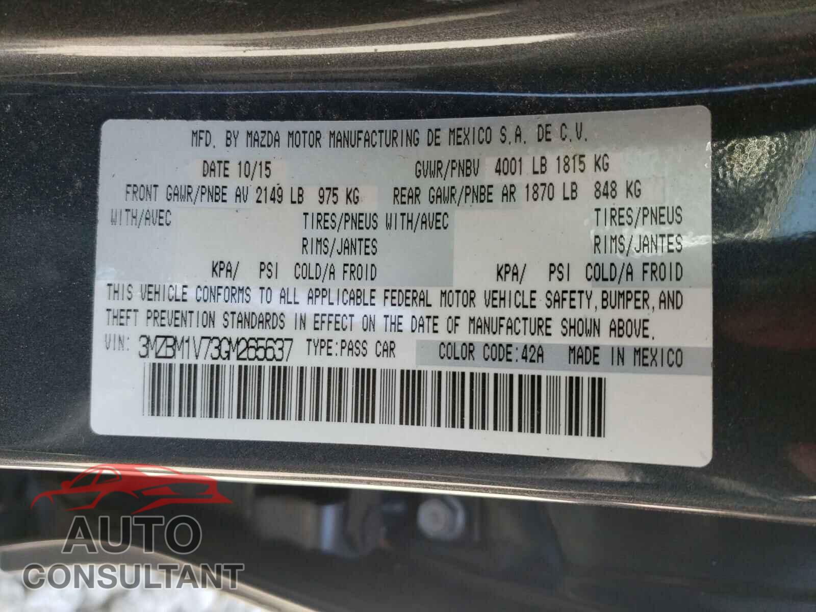 MAZDA 3 2016 - 3MZBM1V73GM265637