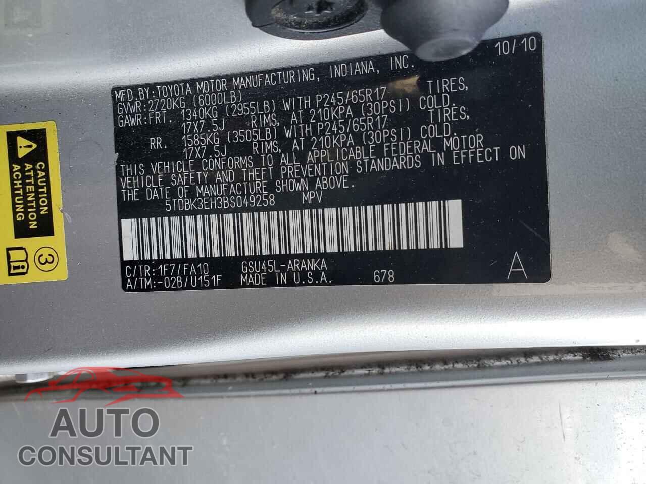 TOYOTA HIGHLANDER 2011 - 5TDBK3EH3BS049258
