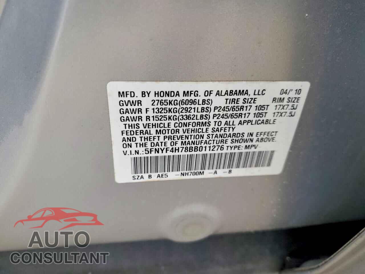 HONDA PILOT 2011 - 5FNYF4H78BB011276