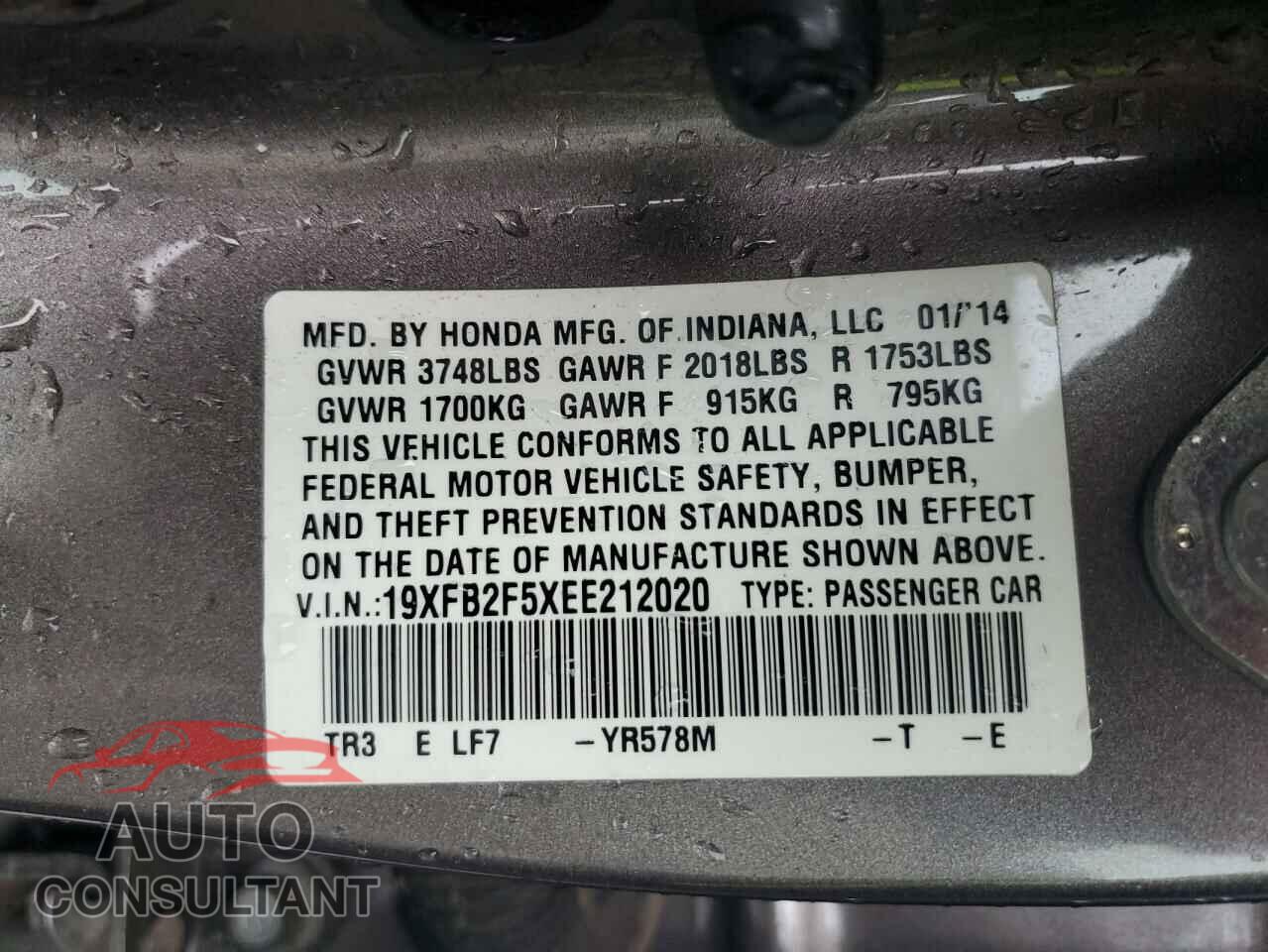 HONDA CIVIC 2014 - 19XFB2F5XEE212020