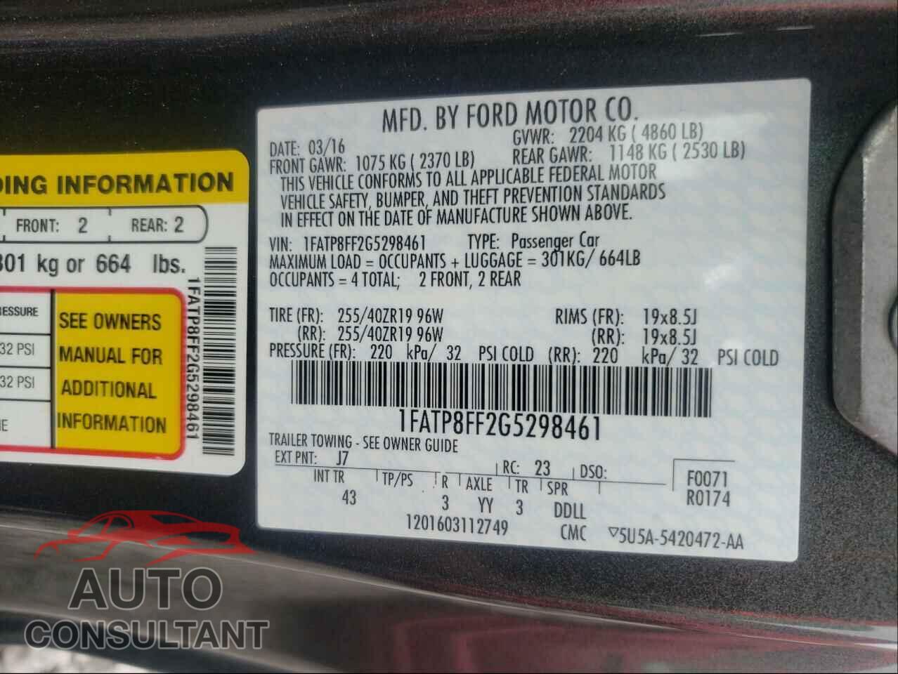 FORD MUSTANG 2016 - 1FATP8FF2G5298461